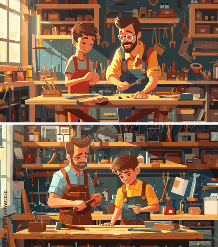 Joiner with son workbench making cartoon vector scenes. Man kid suites saw hammer screwdriver bottle adhesive chisel timber table planks window workshop tools interior collaborating characters