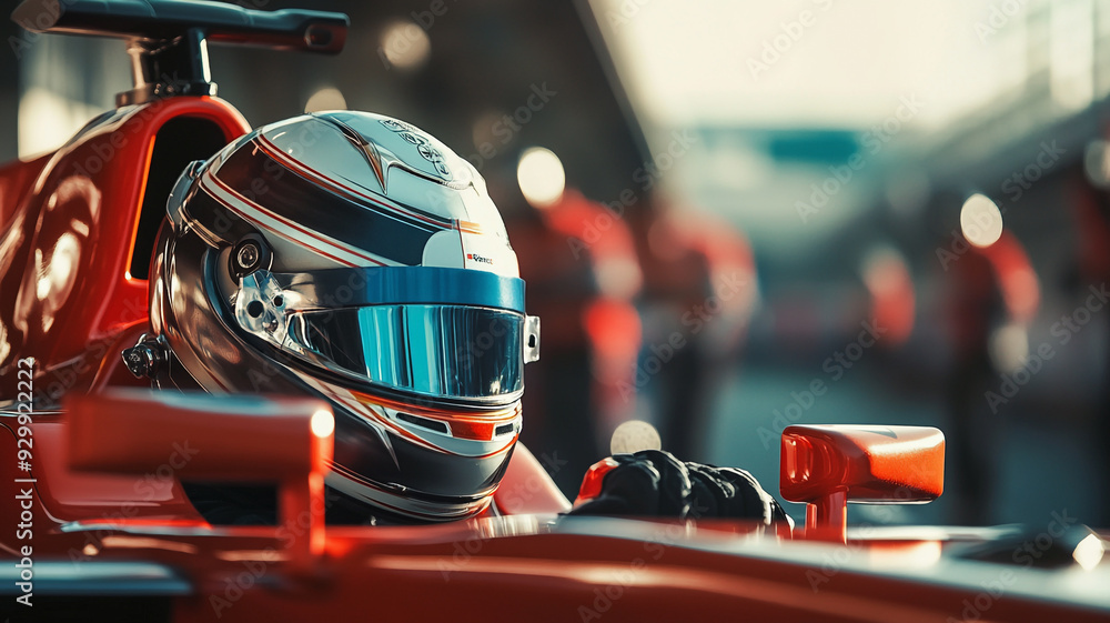 Race car driver preparing for a practice session at a motorsport circuit in the afternoon sun Race car driver preparing for a practice session at a motorsport circuit in the afternoon sun