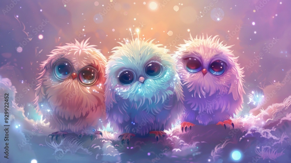 Fototapeta premium Three Adorable Owls in a Dreamy Setting