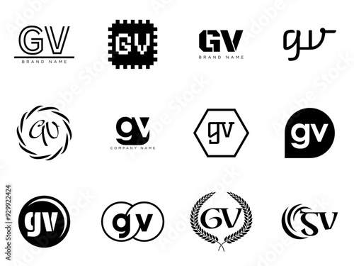 GV logo company template. Letter g and v logotype. Set different classic serif lettering and modern bold text with design elements. Initial font typography.