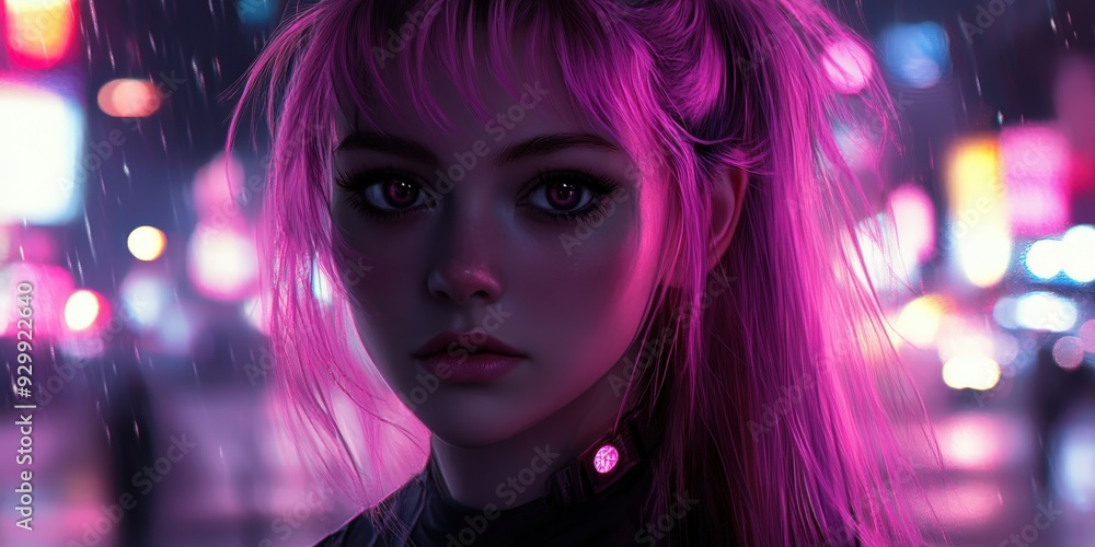 Cyberpunk girl with pink hair in a neon-lit urban environment at night Cyberpunk girl with pink hair in a neon-lit urban environment at night