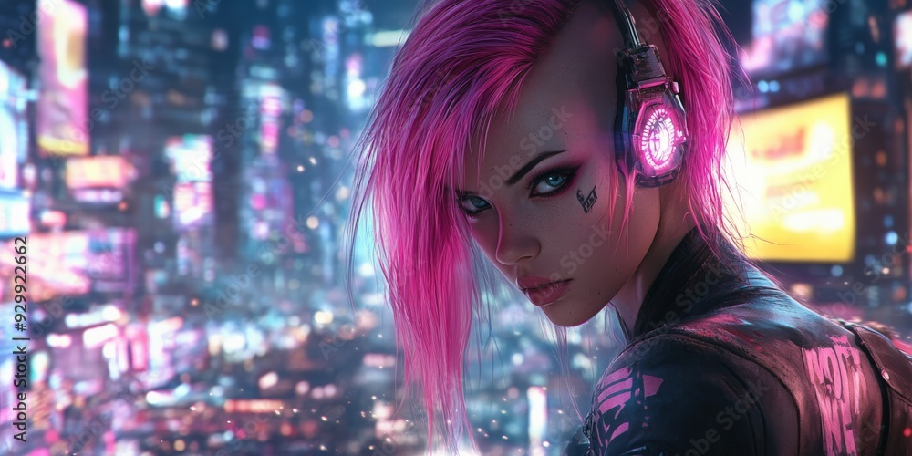 Cyberpunk girl in neon city at night with futuristic headphones Cyberpunk girl in neon city at night with futuristic headphones