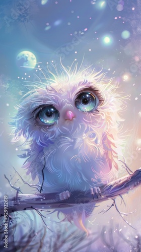 A Small, White Owl with Big Blue Eyes Resting on a Branch