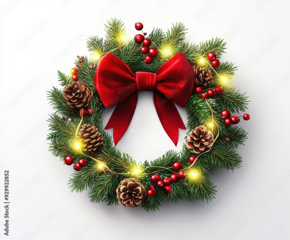Festive Christmas wreath adorned with pinecones and bright lights Festive Christmas wreath adorned with pinecones and bright lights