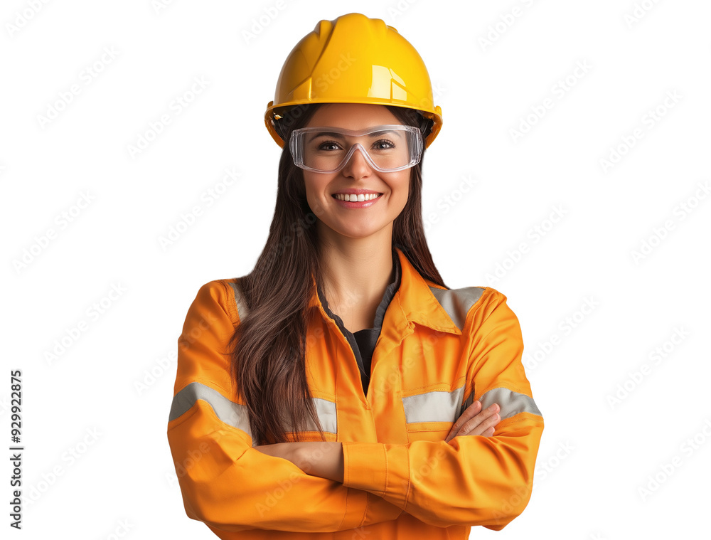 smiling professional female workforce in safety wear and helmet, isolated PNG smiling professional female workforce in safety wear and helmet, isolated PNG