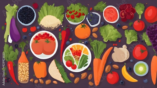 Colorful arrangement of healthy foods, visualize a table filled with fresh fruits and vegetables, whole grains, nuts, and lean proteins