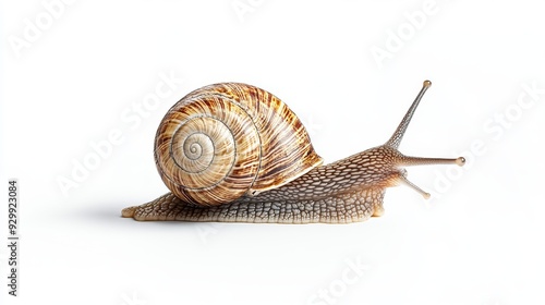 An isolated snail walks slowly on a transparent background