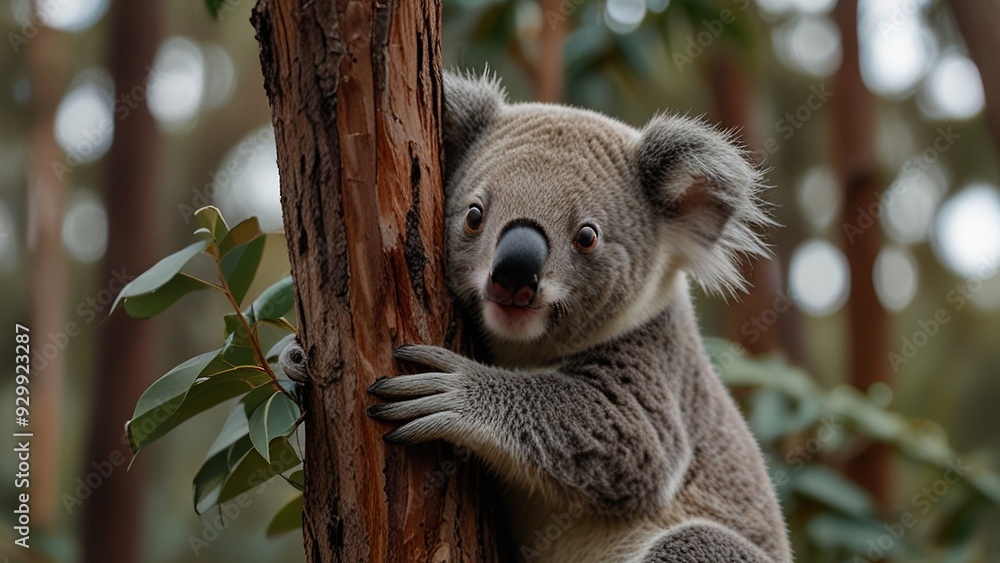 Obraz premium A gentle koala clinging to a eucalyptus tree