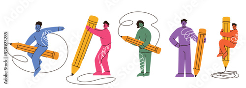 People with a huge pencil vector illustration. Young diverse