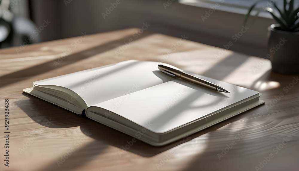 Notebook lying open on a wooden desk, minimalist design, crisp white pages, pen with a metallic finish rests on the open page, and soft natural light is streaming in from a nearby window Notebook lying open on a wooden desk, minimalist design, crisp white pages, pen with a metallic finish rests on the open page, and soft natural light is streaming in from a nearby window