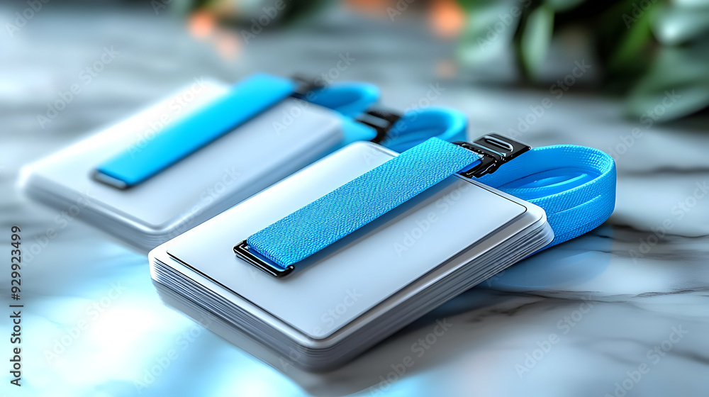 Two blank ID cards with blue straps on a marble surface. Two blank ID cards with blue straps on a marble surface.