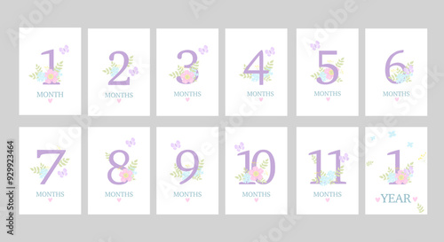 Baby milestone cards. First months cards. Flowers cards.Baby shower invitation. Newborn girl cards, stickers. Vector illustration. Children cards first 12 months. White background with flowers bouquet