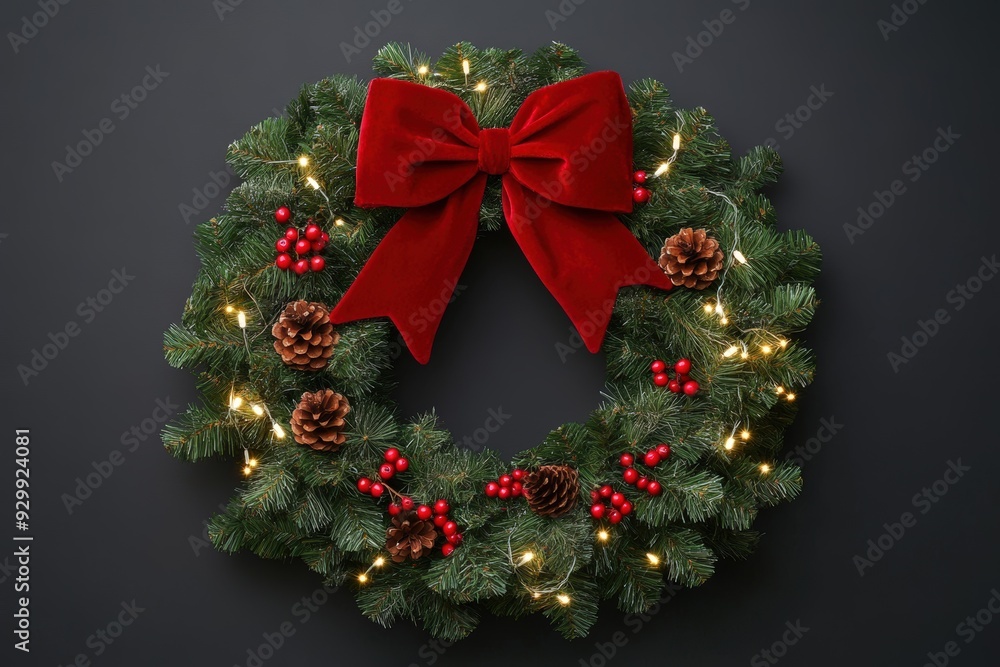 Festive Christmas wreath with red bow and warm lights on dark background Festive Christmas wreath with red bow and warm lights on dark background