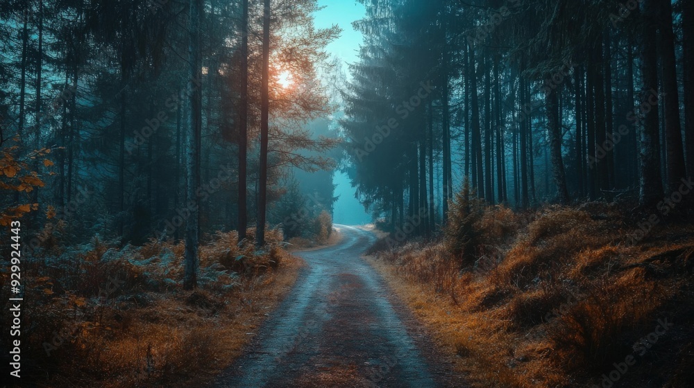 Obraz premium A winding path through a serene forest at sunrise