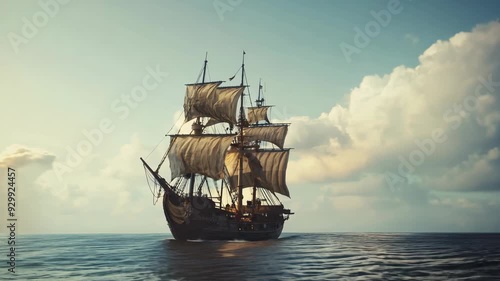 Pirate ship sailing in the open sea. Historical sailing vessel in ocean. Maritime adventure and exploration. Navigating through waters