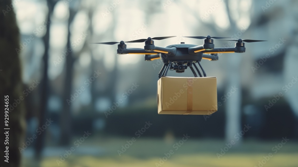 Drone Delivery in a Blurred Suburban Landscape Drone Delivery in a Blurred Suburban Landscape