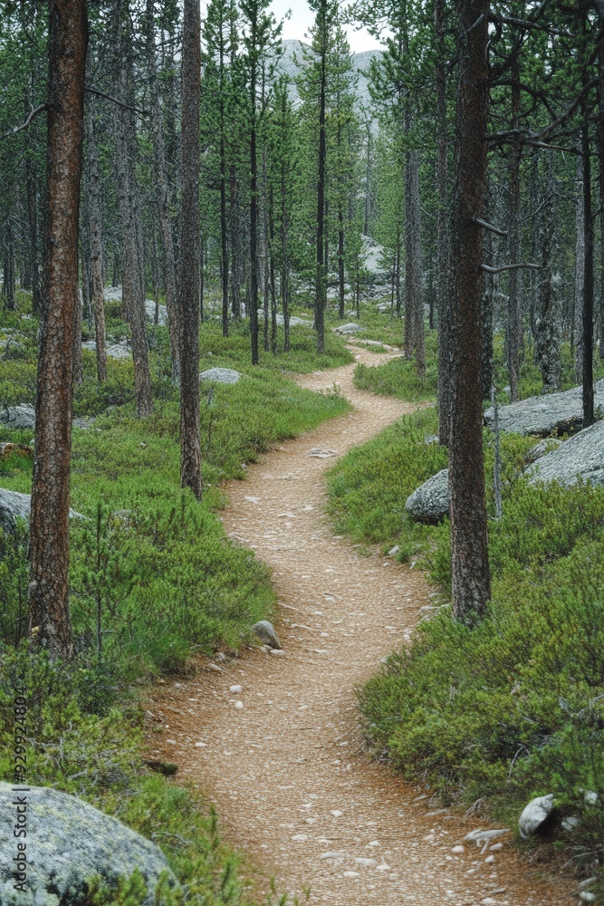 Winding nature path through a serene forest during daytime Winding nature path through a serene forest during daytime