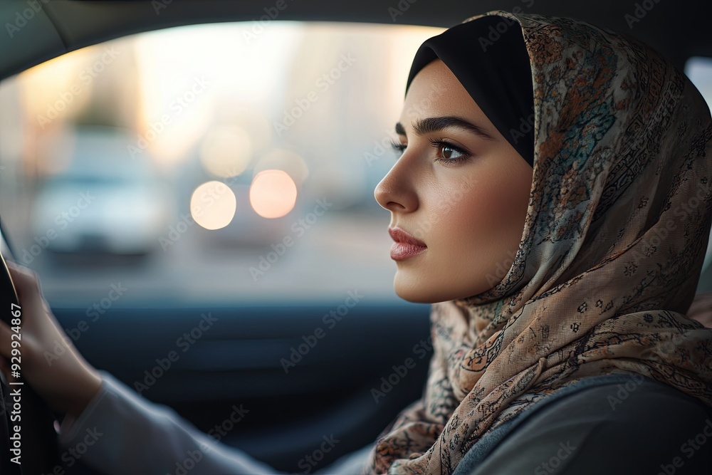 A woman wearing a scarf is driving a car A woman wearing a scarf is driving a car
