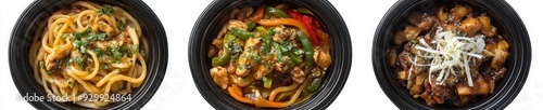 On a transparent background, chicken pasta salad with avocado and tomato is shown