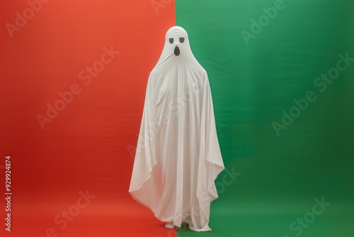 Friendly 3d ghost wears a white sheet and beams with joy as it stands in a wonderful scene, offering a heartwarming contrast against an isolated red green background. photo