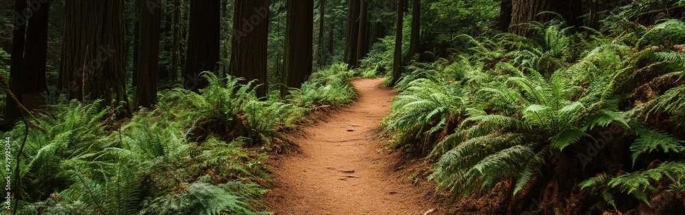 Serene forest path surrounded by lush ferns during daytime Serene forest path surrounded by lush ferns during daytime