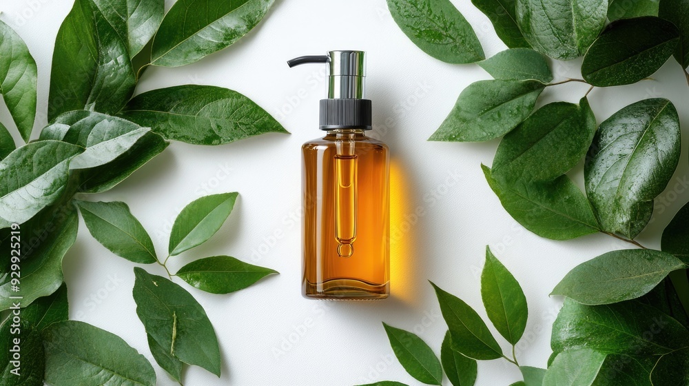 Elegant Amber Glass Bottle with Pump Dispenser Surrounded by Fresh Green Leaves on White Background Elegant Amber Glass Bottle with Pump Dispenser Surrounded by Fresh Green Leaves on White Background