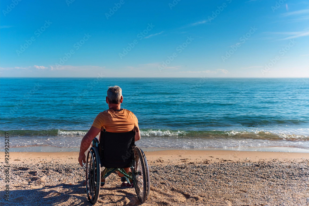 Fototapeta premium A person in a wheelchair enjoys a peaceful moment on a wooden boardwalk at a sunny beach, facing the ocean. The image captures the serene beauty of nature and the concept of accessibility and inclusio