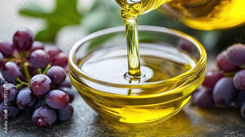 Fresh Olive Oil Pouring into Glass Bowl with Grapes in the Background - Healthy Cooking Ingredients photo