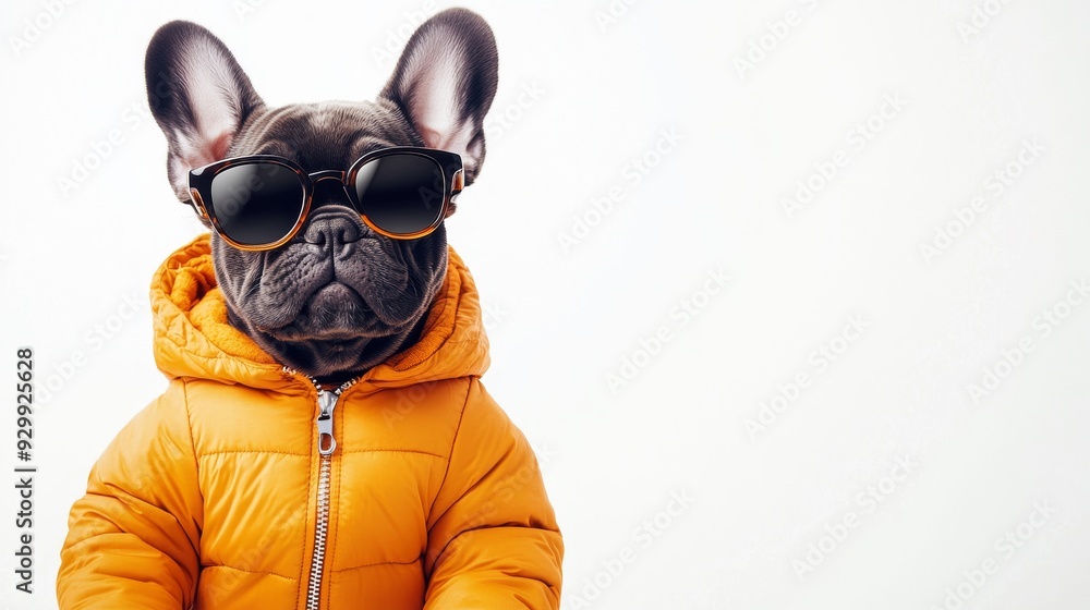An isolated French bulldog wearing sunglasses and a jacket on a transparent background An isolated French bulldog wearing sunglasses and a jacket on a transparent background