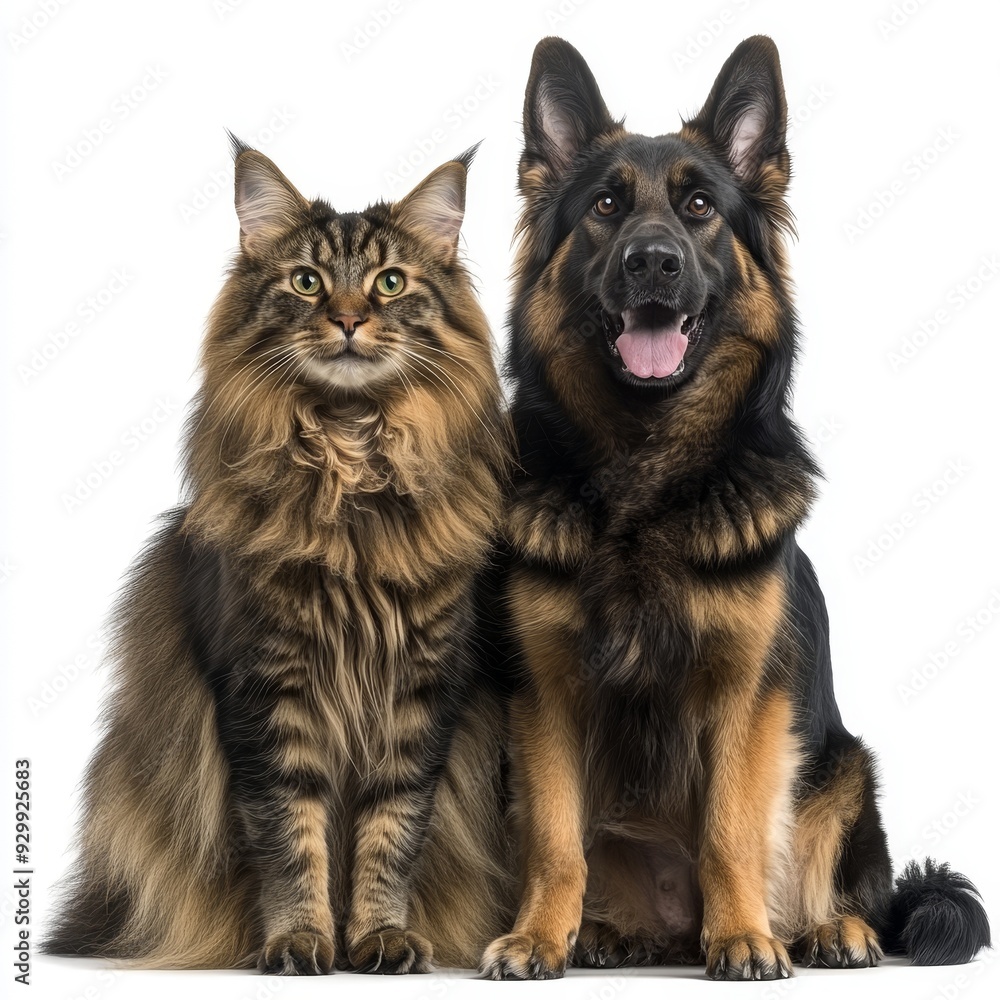 A domestic cat and a German shepherd dog isolated on a transparent background A domestic cat and a German shepherd dog isolated on a transparent background