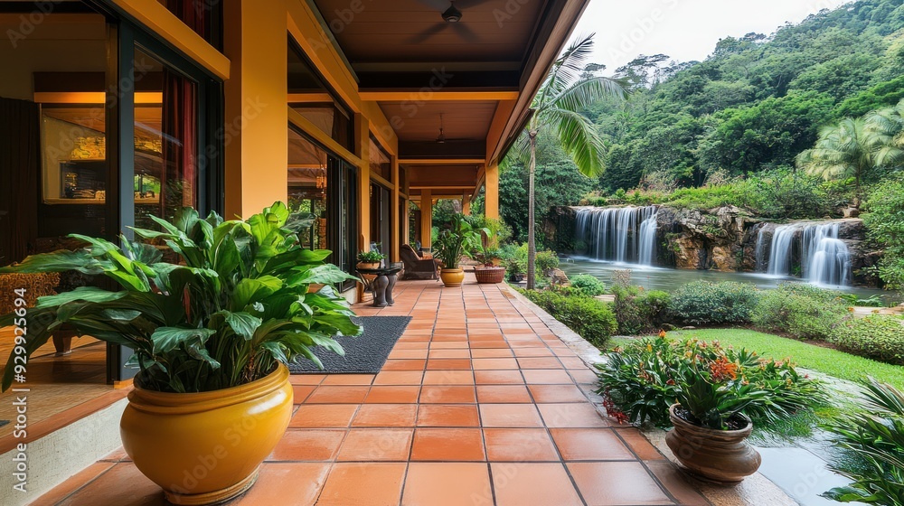 Fototapeta premium Patio with tiled floor overlooking a small waterfall and lush green tropical foliage.