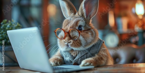 a rabbit in glasses working on a laptop, surrounded by a warm and inviting ambiance. The rabbit's curious look and the setting give a sense of a studious yet adorable character.