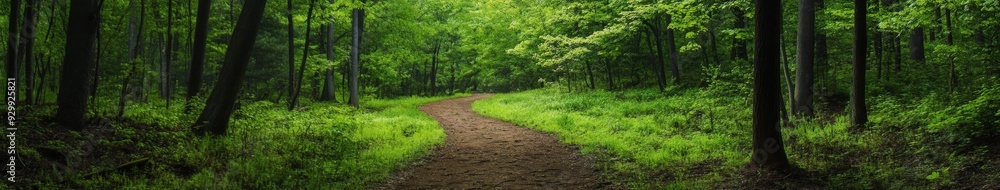 Path winding through a lush green forest in early summer Path winding through a lush green forest in early summer