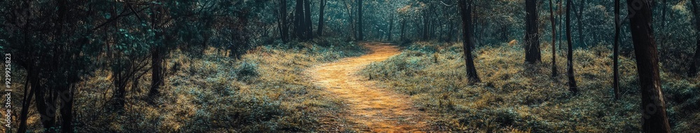 Winding forest path through lush greenery on a quiet morning Winding forest path through lush greenery on a quiet morning