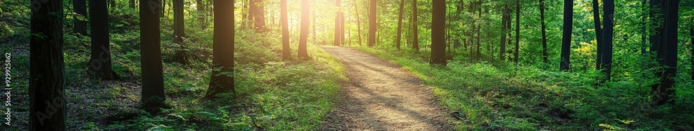 Fototapeta premium Sunlight filters through trees along a winding forest path