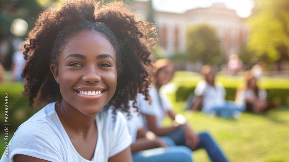 Fototapeta premium Smiling beautiful African American student in t-shirt sitting with classmates on lawn of university campus