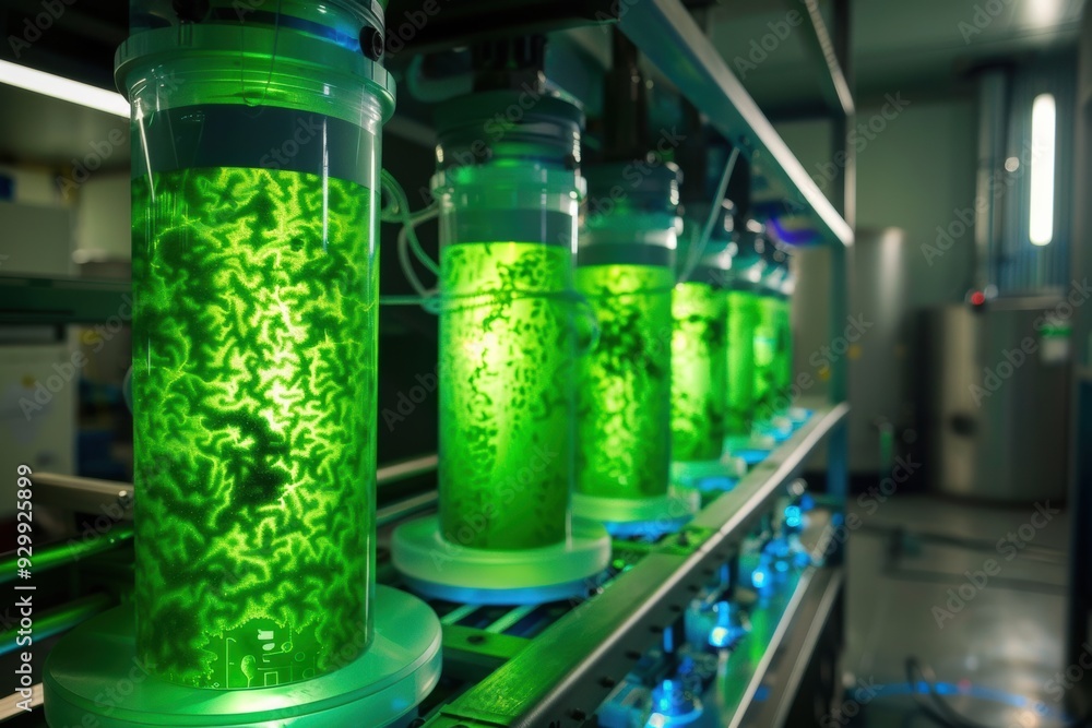 A bioluminescent algae bioreactor with glowing green liquid, showcasing organic growth patterns and bioinspired architecture. A bioluminescent algae bioreactor with glowing green liquid, showcasing organic growth patterns and bioinspired architecture.