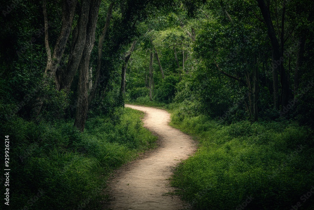 Fototapeta premium Winding path through a lush green forest during daylight