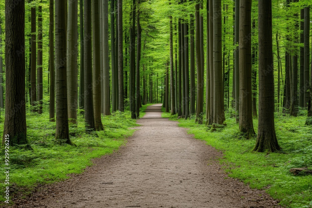 Serene path through lush green forest under bright daylight