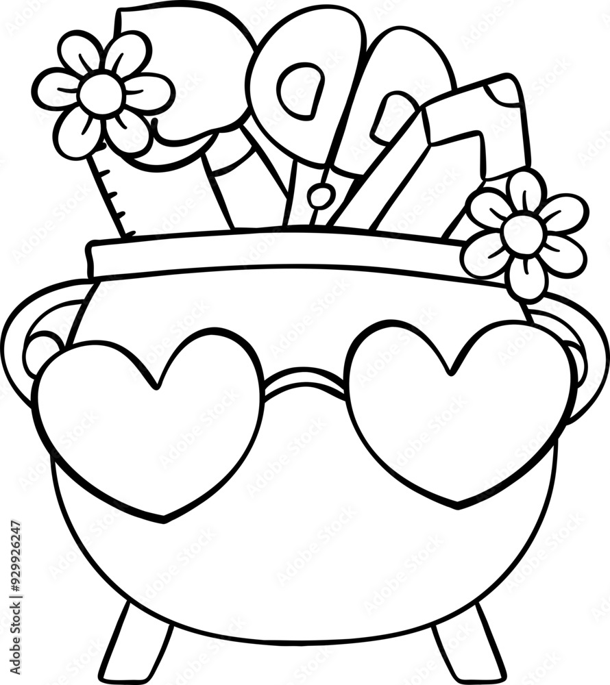 Groovy Retro School Supplies Halloween Disco pencil holder cauldron Colouring image cartoon Groovy Retro School Supplies Halloween Disco pencil holder cauldron Colouring image cartoon