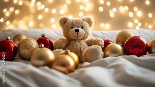 Wallpaper Mural cute teddy bear sitting on a neatly made bed, surrounded by Christmas ornaments. The teddy bear is placed in the center, with golden and red baubles around it. Soft bokeh lights in the background Torontodigital.ca