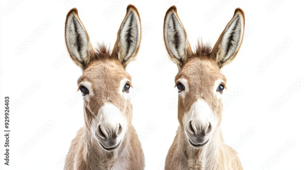 Portrait of two donkeys, face to face, isolated on white background, front view Portrait of two donkeys, face to face, isolated on white background, front view