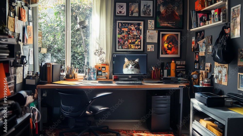 A cozy creative workspace with a cat on the screen, decorated with art and personal photos in a sunlit room A cozy creative workspace with a cat on the screen, decorated with art and personal photos in a sunlit room