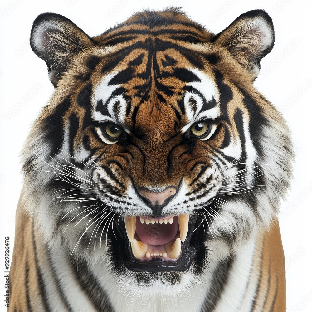 Fototapeta premium White background with an angry tiger roaring and open mouth