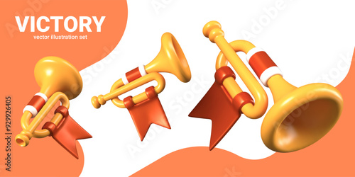 Set of celebratory trumpets to proclaim victory. Royal bugle with red flag