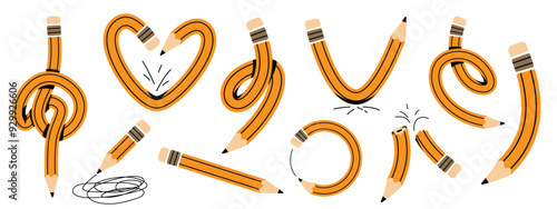 Pencils vector illustration. Twisted flexible yellow simple pencil in