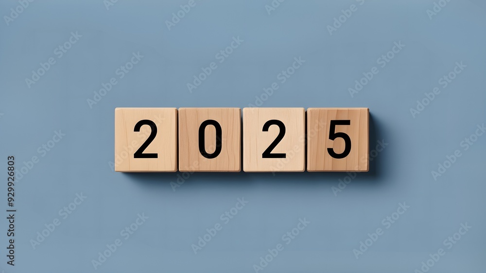 3D rendering of wooden blocks arranged to display the year 2025, isolated on blue background. Ideal for new year celebrations, future planning, business goals, and milestone concepts. 3D rendering of wooden blocks arranged to display the year 2025, isolated on blue background. Ideal for new year celebrations, future planning, business goals, and milestone concepts.