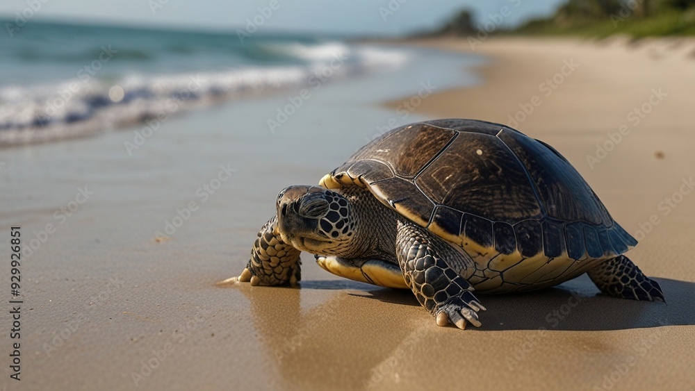 Obraz premium A tranquil turtle resting on a sandy beach