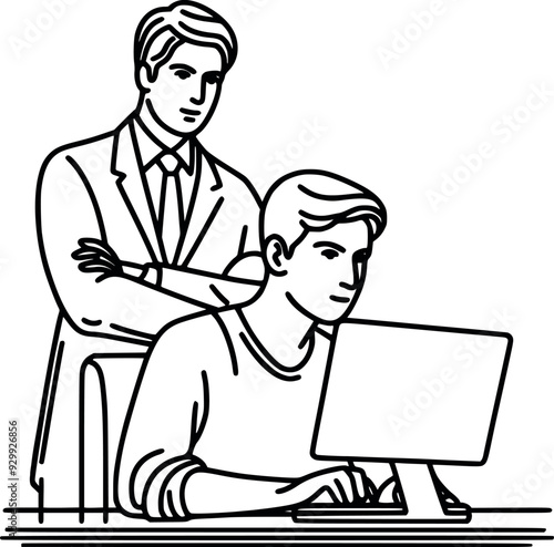 Line Art Illustration of Business Mentorship, with Senior Professional Supervising Young Worker on Computer, Symbolizing Guidance and Collaboration