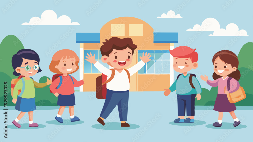 First Day of School Excitement: Students arriving at school, excitedly greeting each other and their teachers.
